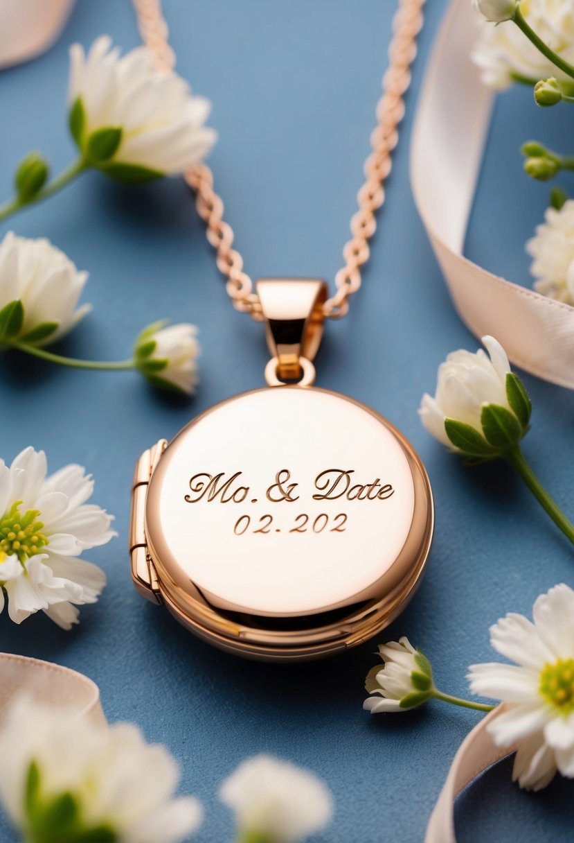 A locket necklace with the wedding date engraved, surrounded by delicate flowers and ribbons