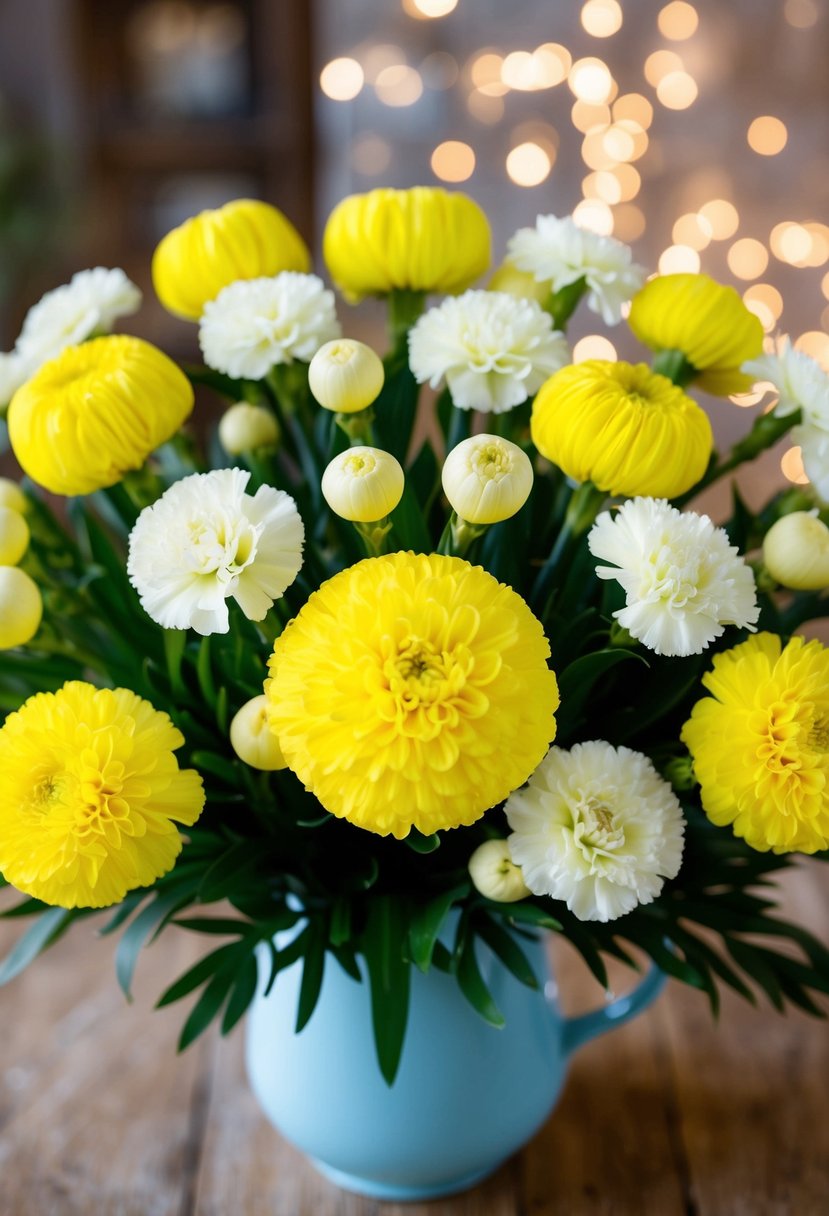 A vibrant bouquet of yellow billy balls and white carnations, radiating joy and happiness