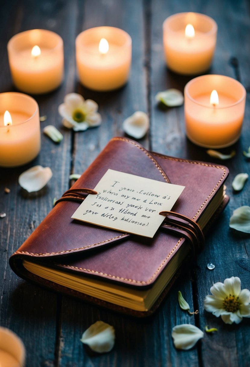 A custom leather journal with a love note sits on a rustic wooden table, surrounded by soft candlelight and delicate flower petals