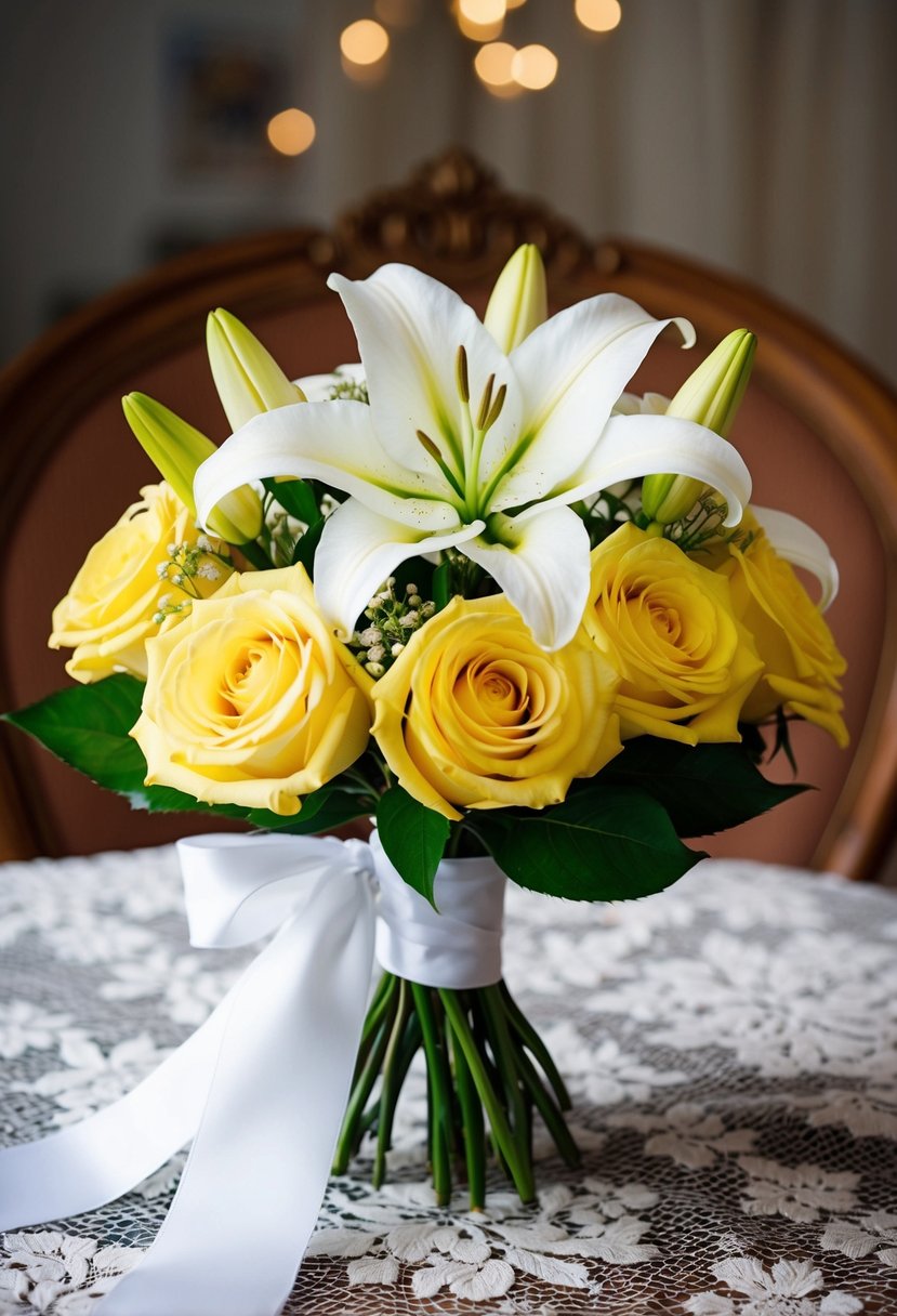 A white lily and yellow rose wedding bouquet, tied with a white ribbon, sits on a vintage lace tablecloth