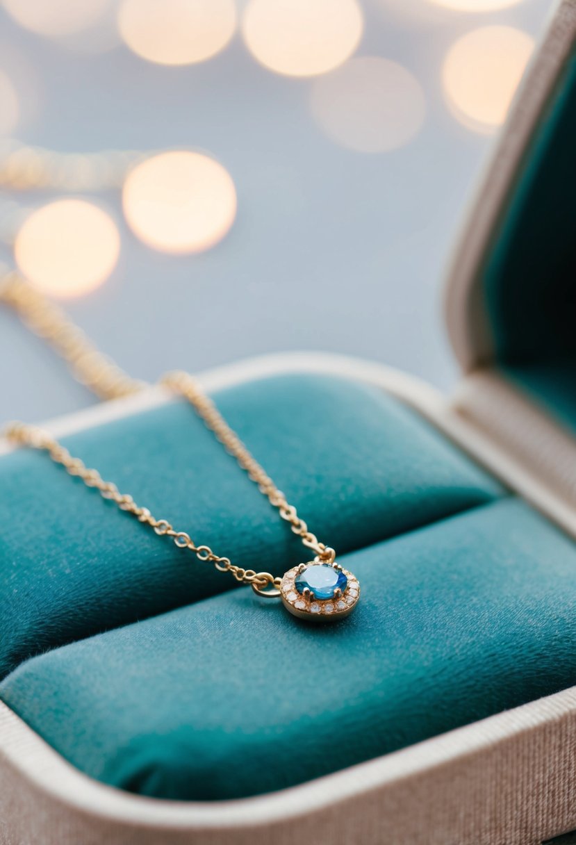 A delicate gold necklace with a sparkling birthstone pendant, resting on a velvet jewelry box