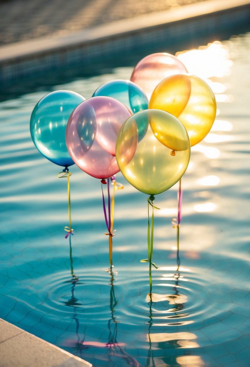 Colorful transparent balloons float on the serene surface of a water pool, reflecting the sunlight and creating a dreamy, romantic atmosphere