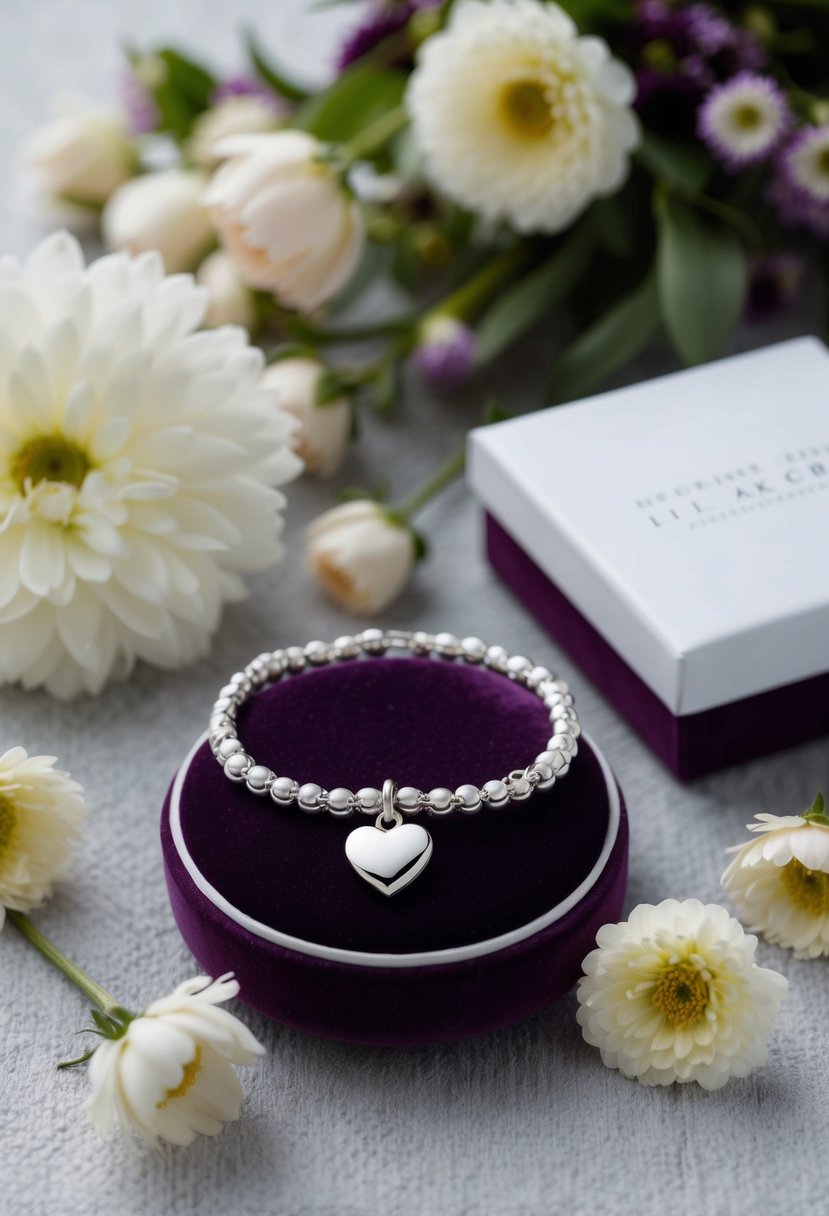 A silver charm bracelet with a heart charm sits on a velvet cushion, surrounded by delicate flowers and elegant packaging