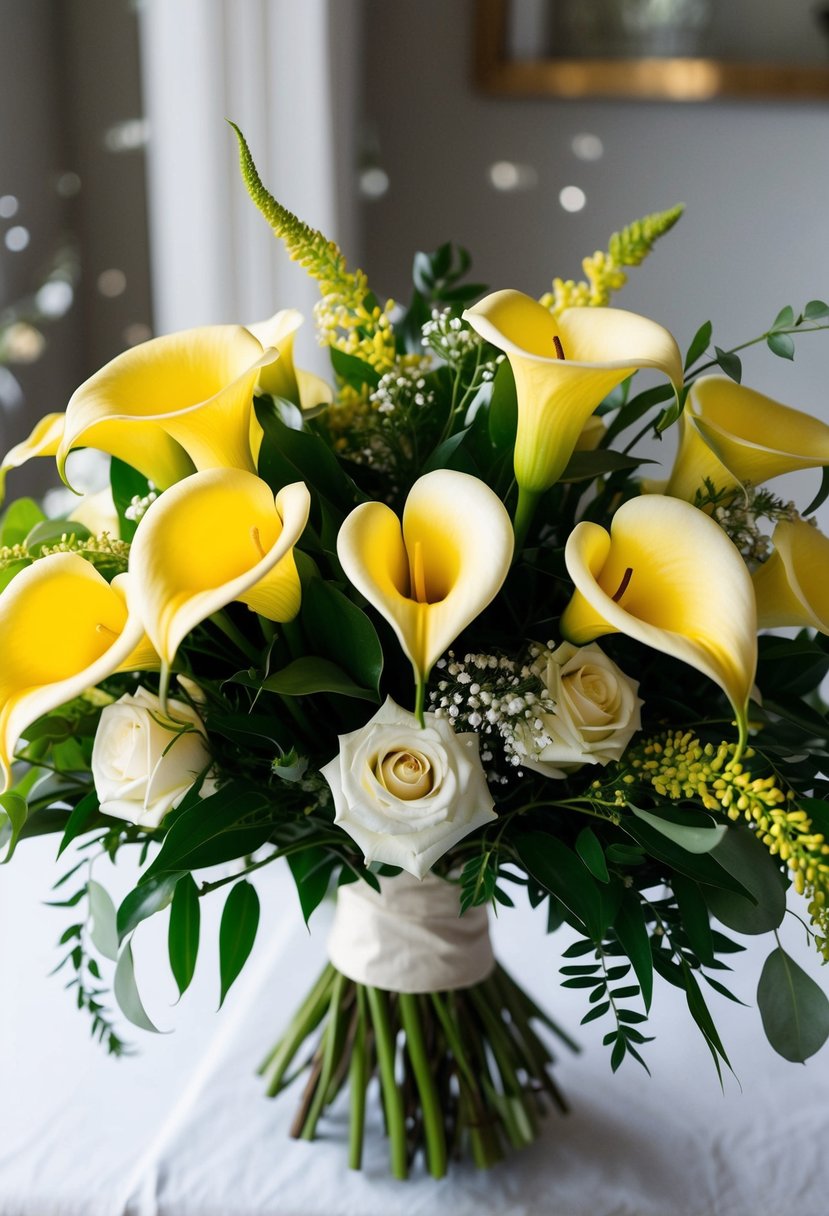 A chic wedding bouquet featuring calla lilies and greenery in yellow and white hues