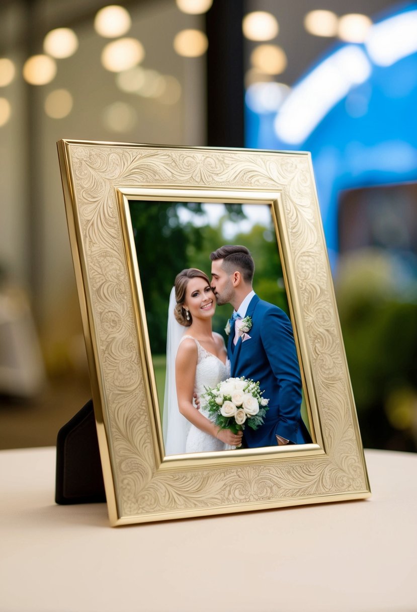 A beautifully engraved picture frame sits on a table, holding a cherished wedding photo