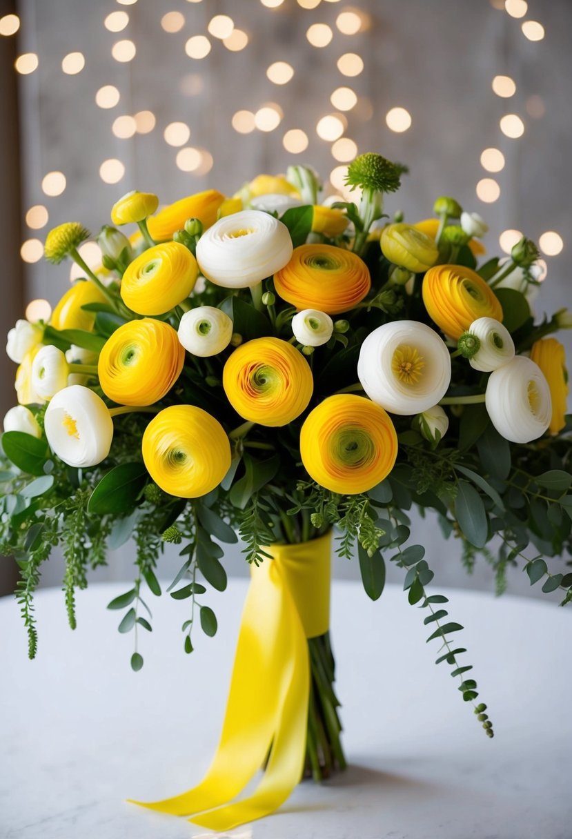 A vibrant bouquet of yellow and white ranunculus flowers arranged in a cascading style, with greenery and ribbon accents