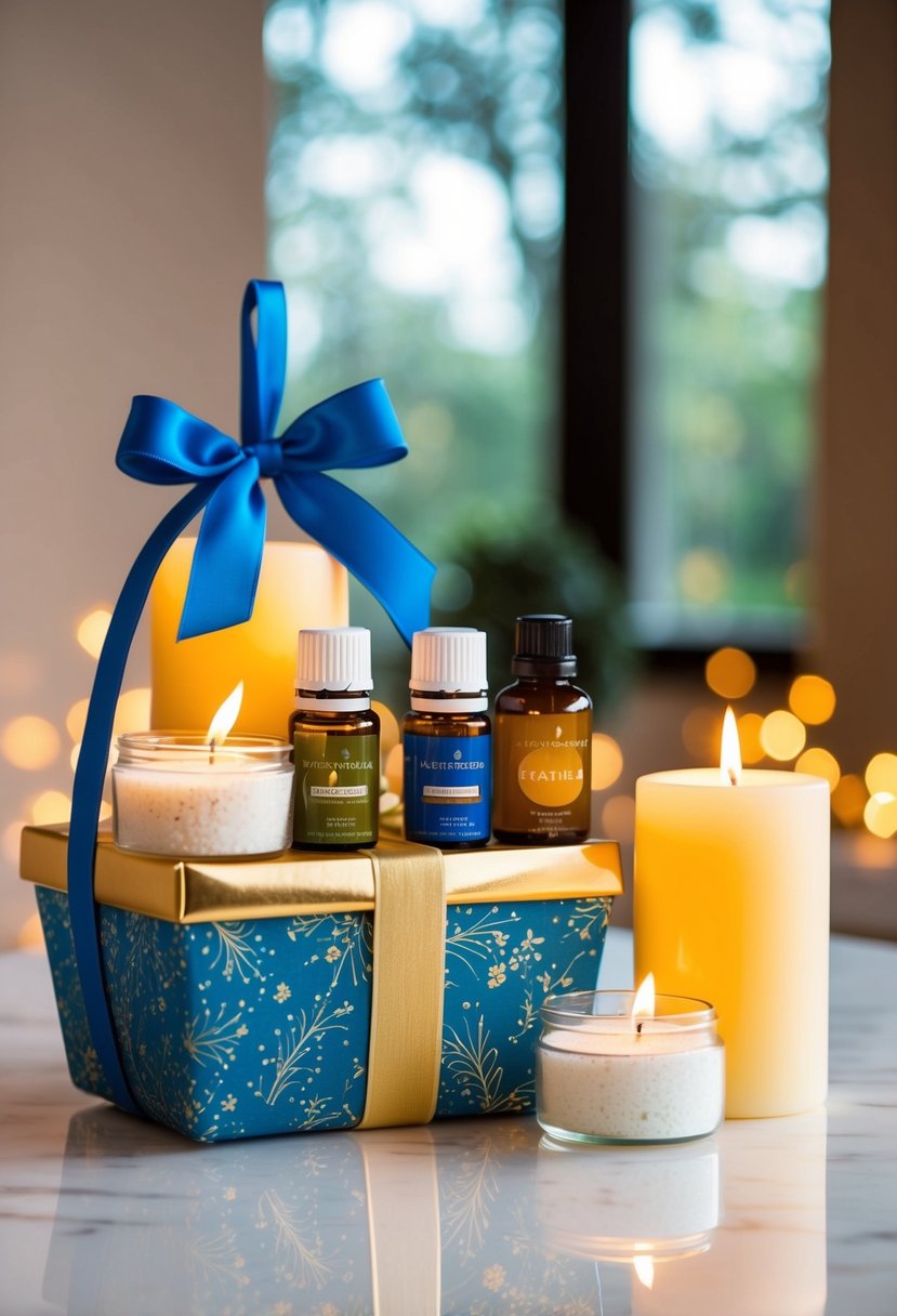 Aromatherapy candles, essential oils, and soothing bath salts arranged in a decorative gift basket with a ribbon