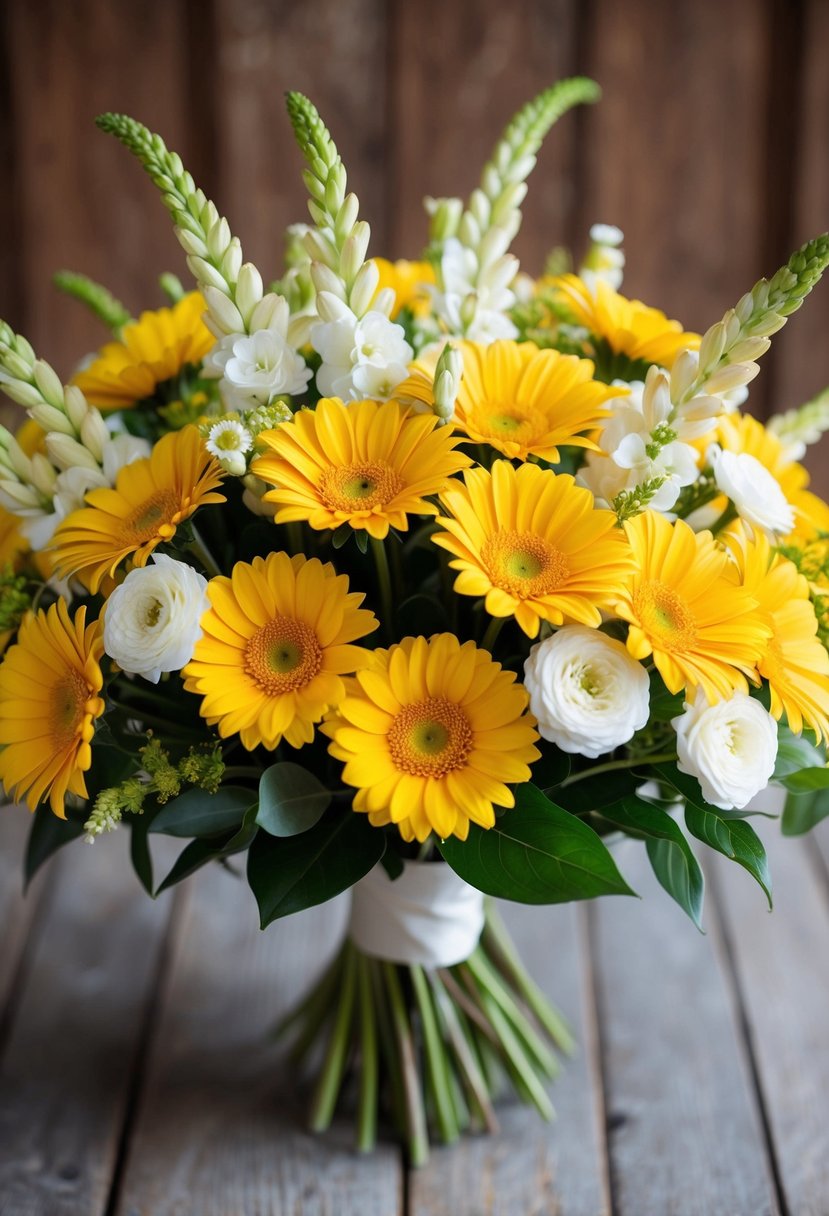 A vibrant bouquet of sunny yellow Gerbera Daisies and delicate white Freesia, arranged in a beautiful wedding bouquet