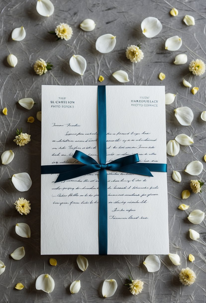 A delicate, handwritten letter rests on textured specialty paper, surrounded by scattered flower petals and tied with a satin ribbon