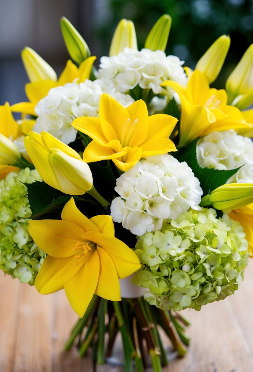 A vibrant bouquet of yellow and white Alstroemeria and Hydrangeas, arranged in a playful and whimsical manner