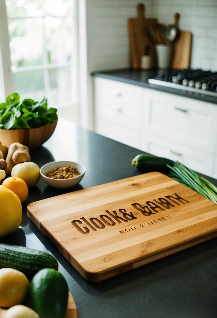 A wooden cutting board with engraved names sits on a kitchen counter, surrounded by fresh produce and cooking utensils