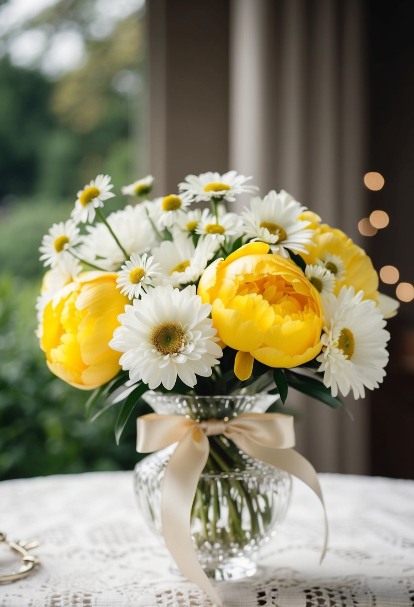 A delicate bouquet of yellow peonies and white daisies, tied with a satin ribbon, sits in a crystal vase on a lace tablecloth