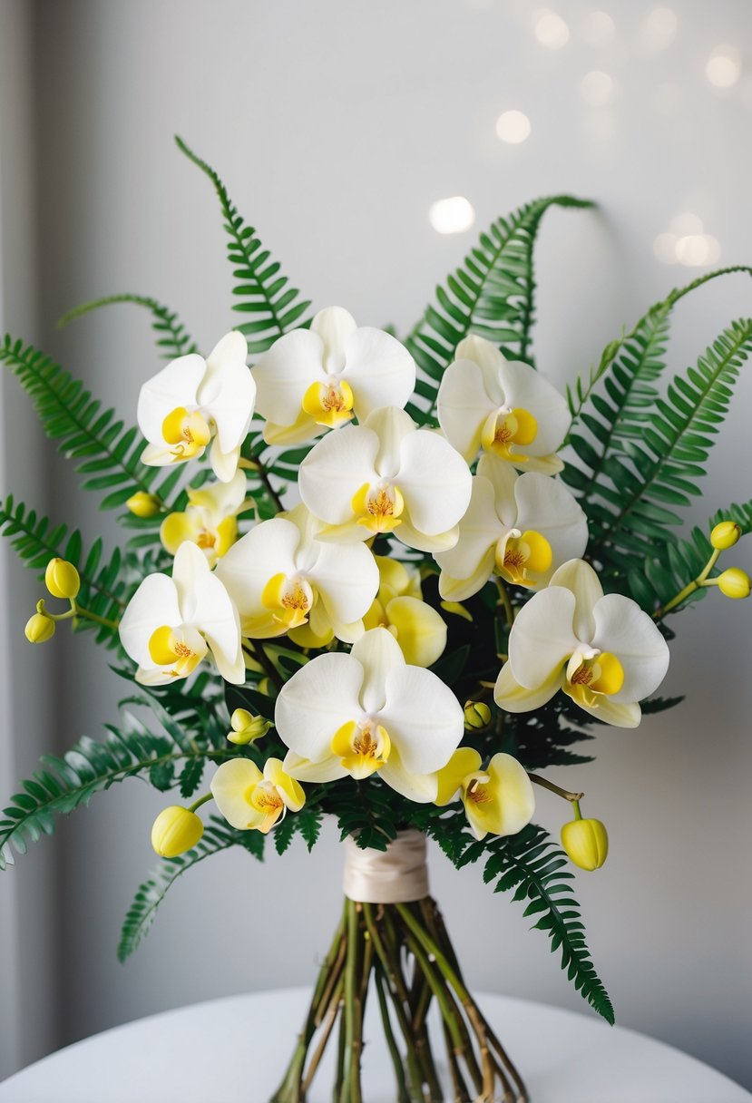 A delicate bouquet of yellow orchids and white ferns arranged in a simple, elegant design