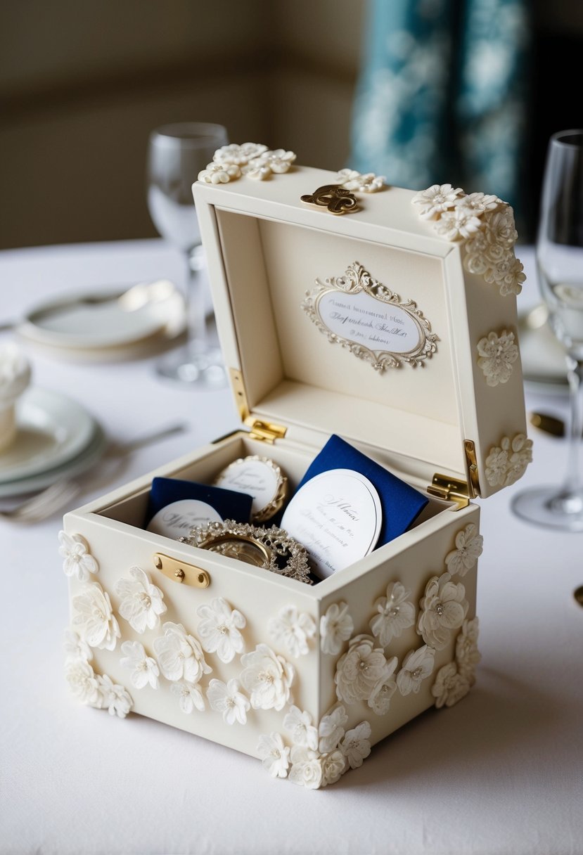 A delicate ivory keepsake box adorned with intricate floral designs, filled with mementos from the wedding day