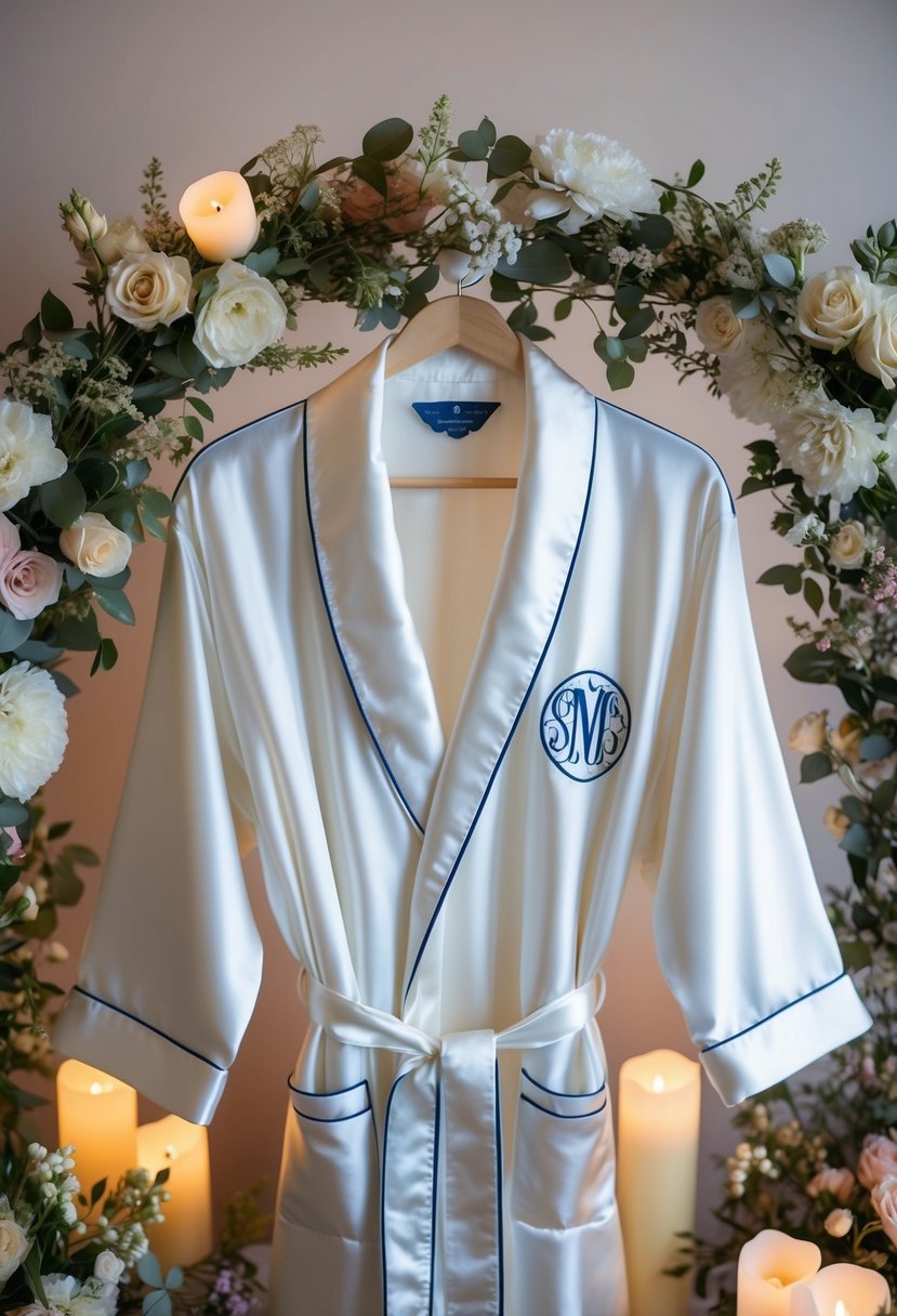 A silk robe with a monogram hangs on a luxurious hanger, surrounded by delicate floral arrangements and soft candlelight