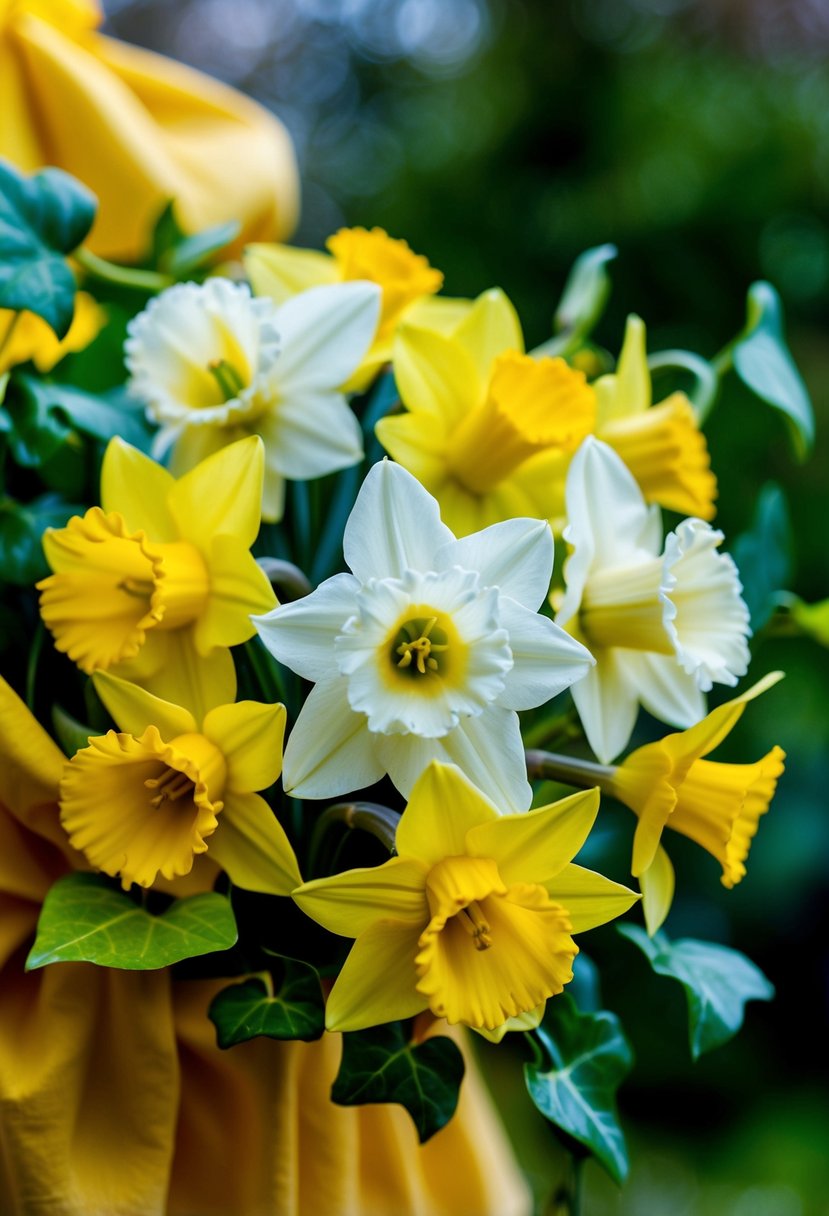 A vibrant bouquet of daffodils and ivy, with delicate yellow and white petals intertwined