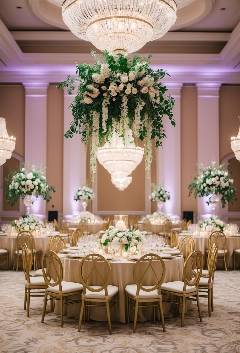 A grand ballroom with cascading floral arrangements, crystal chandeliers, and gilded chairs set around a lavish banquet table