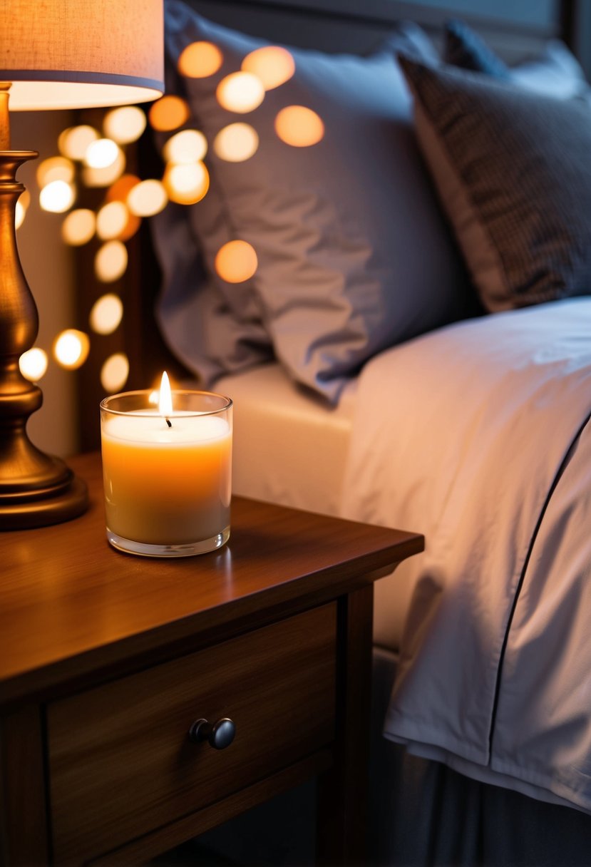 A cozy bedroom with a scented candle set on a nightstand, casting a warm glow and filling the room with romantic scents