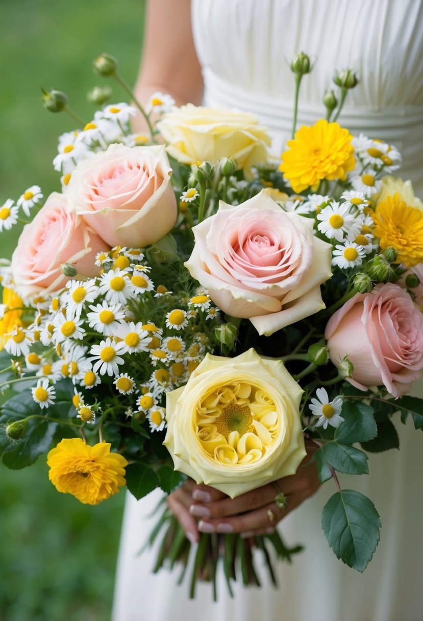 A lush bouquet of garden roses and chamomile, accented with yellow and white, arranged in a delicate, airy style