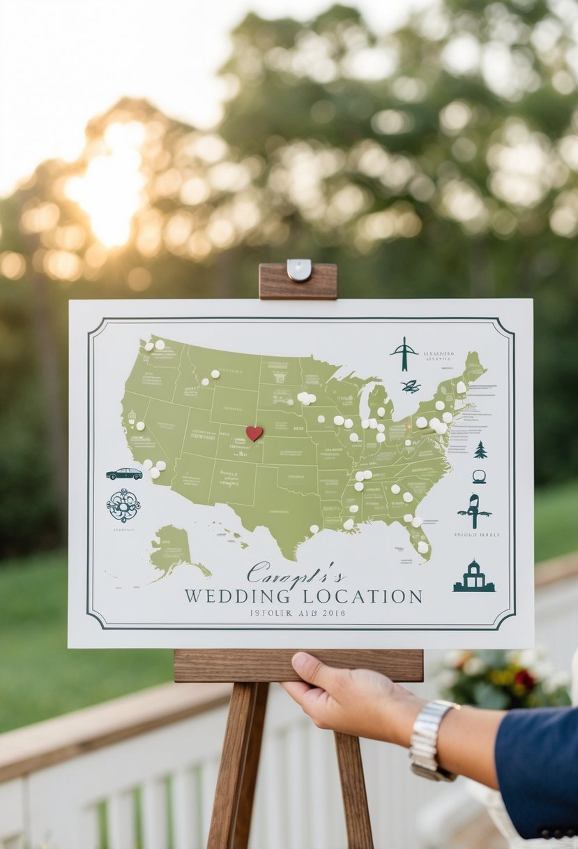 A couple's wedding location on a custom map print, surrounded by meaningful landmarks and symbols