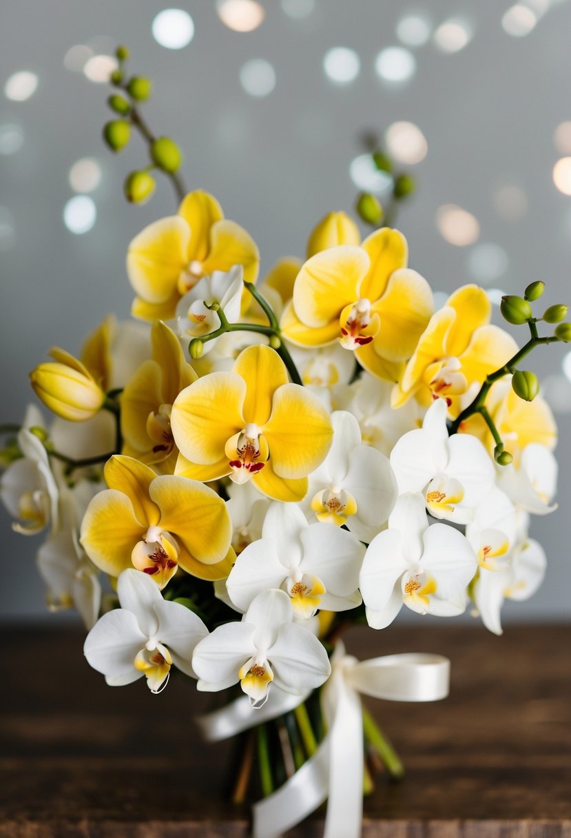 A modern wedding bouquet featuring vibrant yellow and white Cymbidium Orchids