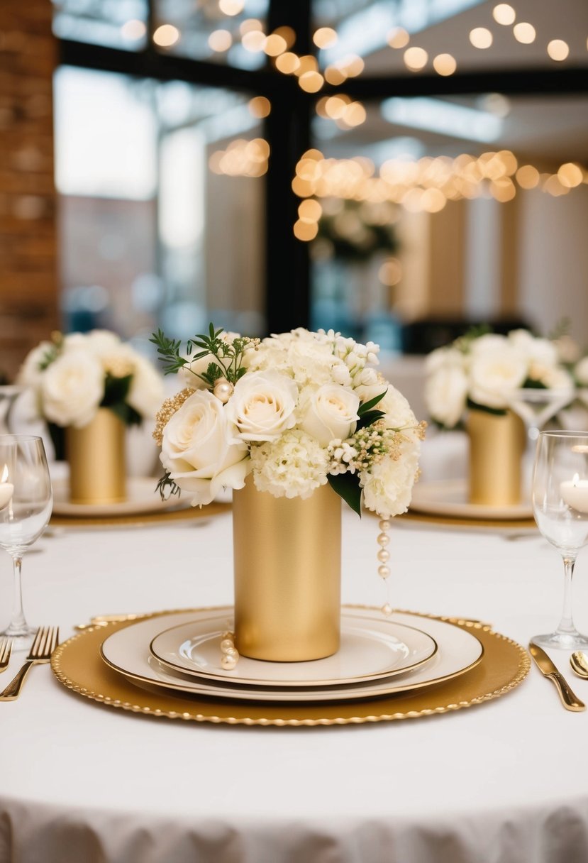 A gold and pearl table decor with elegant wedding ideas