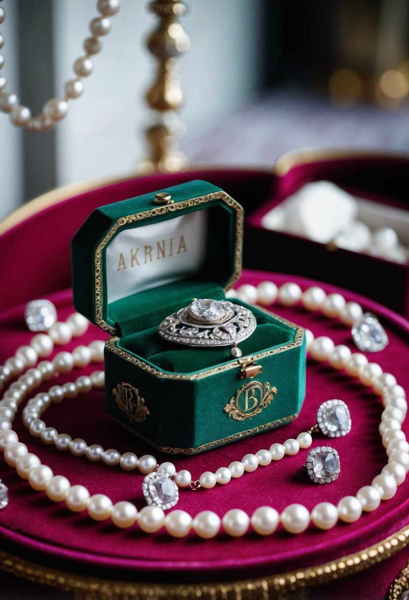 An ornate jewelry box with engraved initials sits on a velvet-lined table, surrounded by delicate pearls and sparkling gemstones