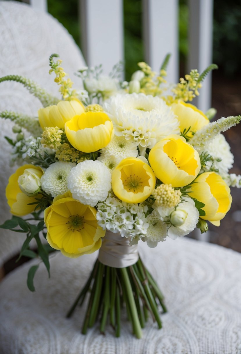 A bouquet of soft buttercup and dusty miller flowers in yellow and white, arranged in an elegant and romantic wedding bouquet