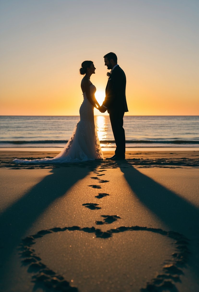 A couple's silhouette against a sunset, with a heart-shaped shadow cast on the sand. A trail of footprints leads to a distant, romantic beachside wedding ceremony