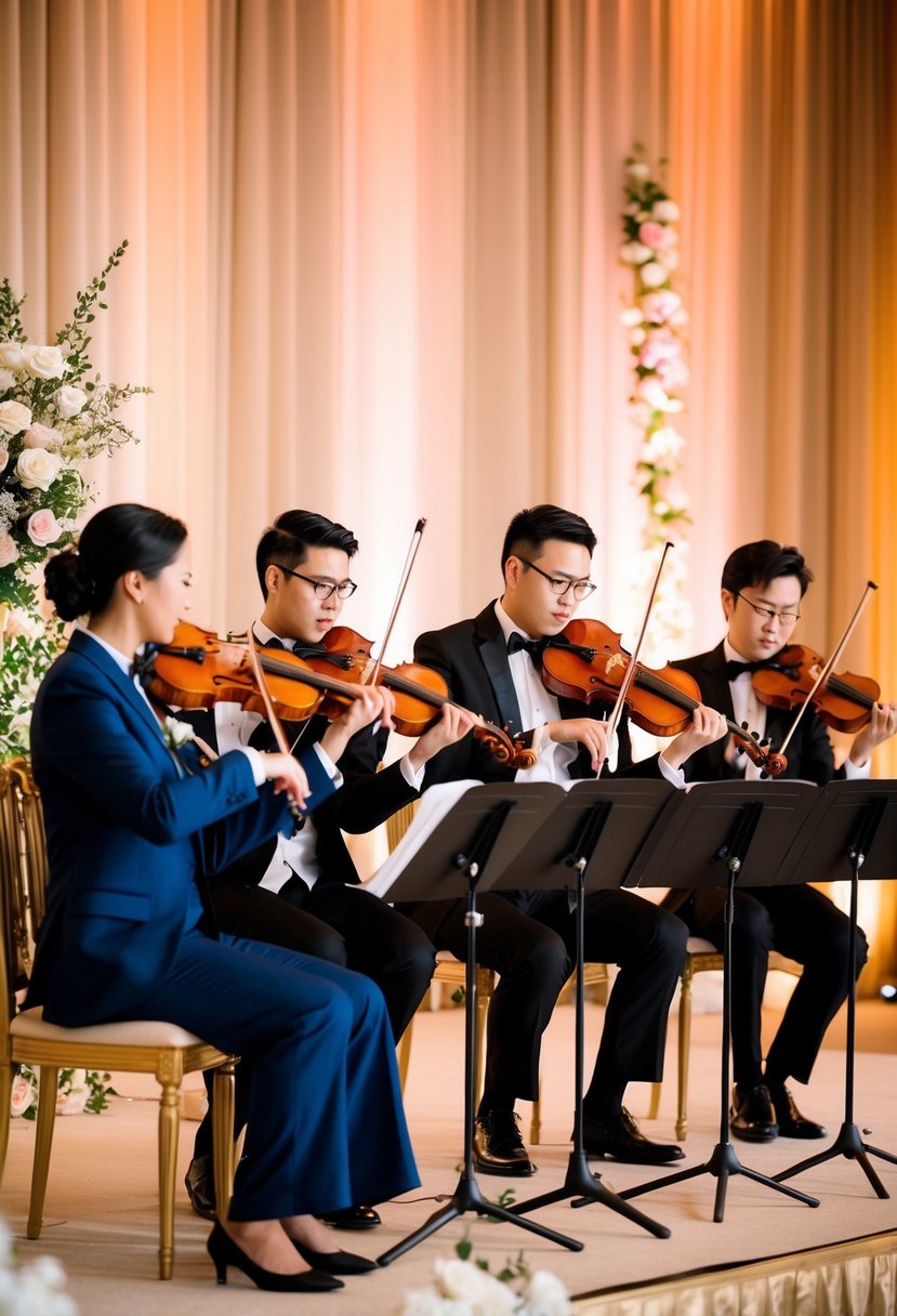 A string quartet performs at an elegant wedding, with musicians playing their instruments on a stage adorned with flowers and soft lighting