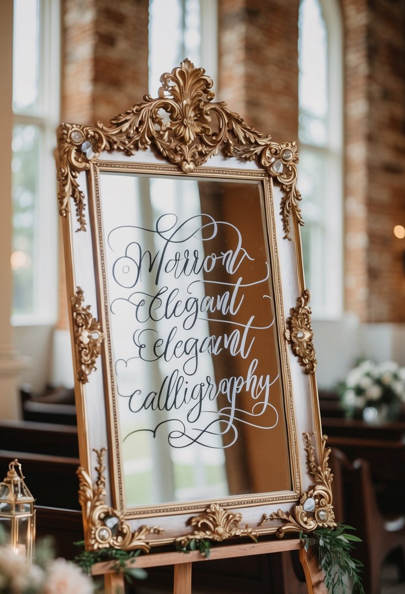 A beautifully ornate mirror sign with elegant calligraphy for a wedding