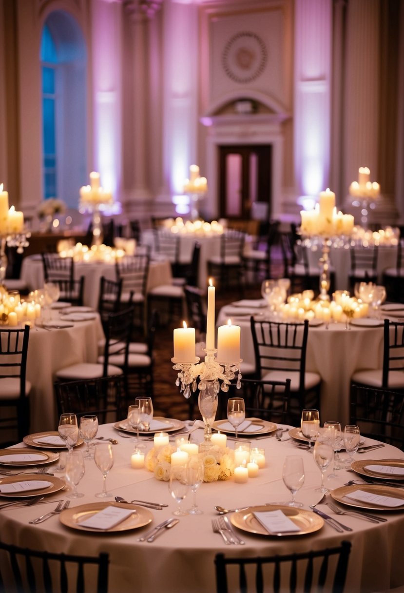 A grand ballroom with round tables adorned with elegant floating candle centerpieces, casting a warm and romantic glow over the room