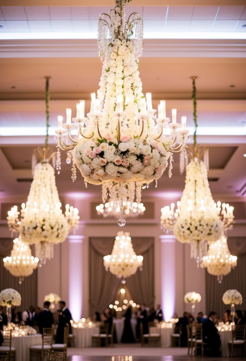 A grand ballroom adorned with hanging flower chandeliers, casting a soft, romantic glow over an elegant wedding reception