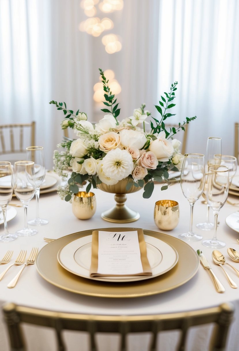 An elegant wedding table setting with ivory and champagne color scheme, featuring delicate floral centerpieces and gold-accented tableware