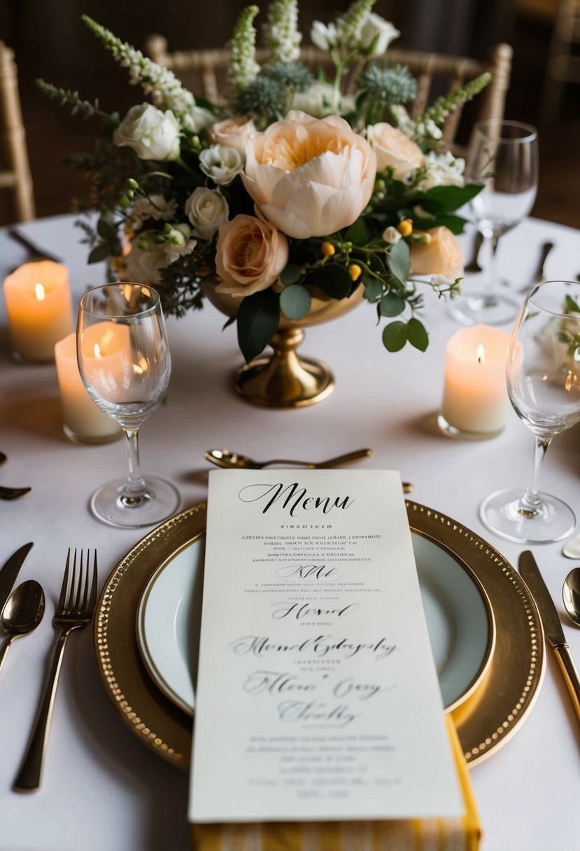 A beautifully set table with high-end hand calligraphy menus, surrounded by elegant floral centerpieces and soft candlelight