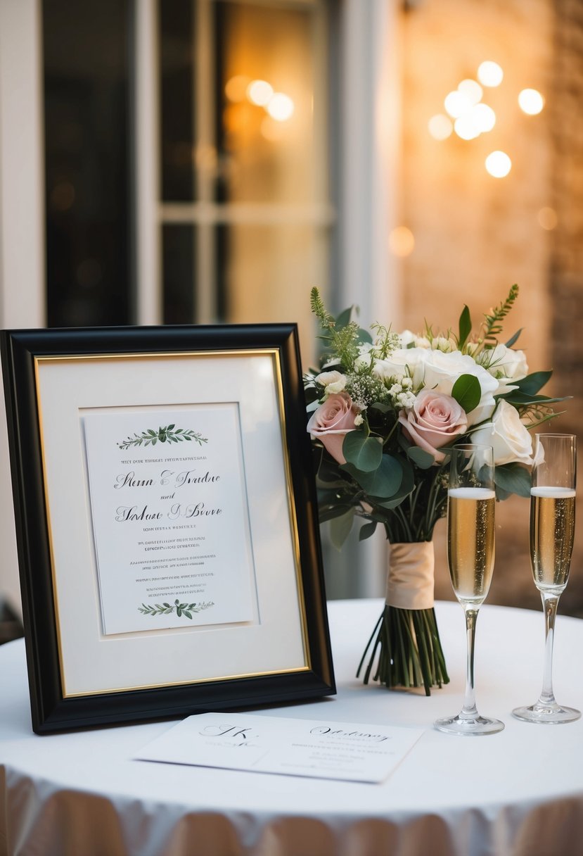 A table displaying a collection of wedding keepsakes, including a framed invitation, a bouquet, and a pair of champagne flutes