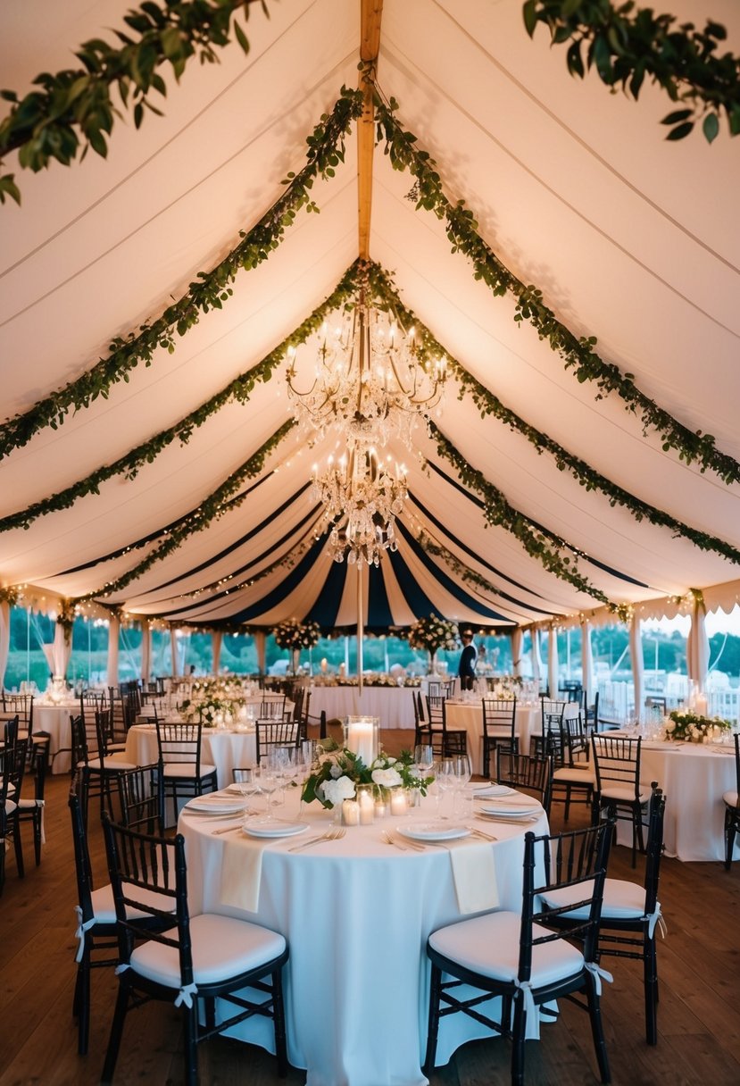 A grand sailcloth tent adorned with elegant decor for a wedding reception