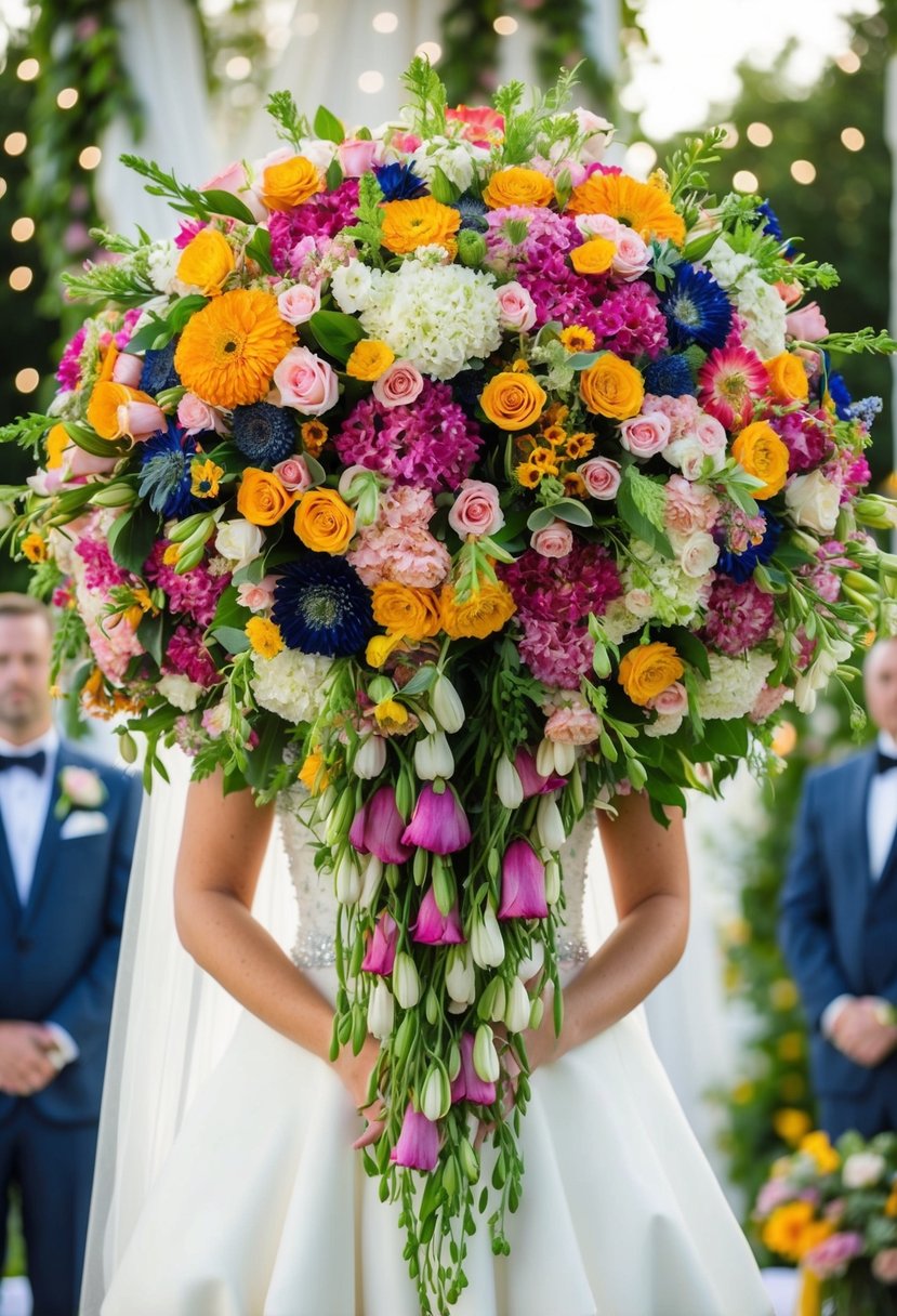 A bride's hands hold a massive bouquet of colorful flowers, cascading down in a lush and extravagant display