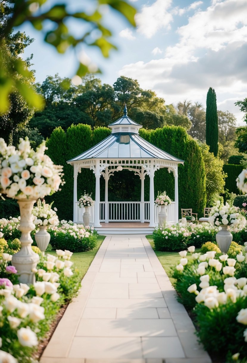 A lush garden with blooming flowers, a charming gazebo, and elegant decor for a romantic wedding venue