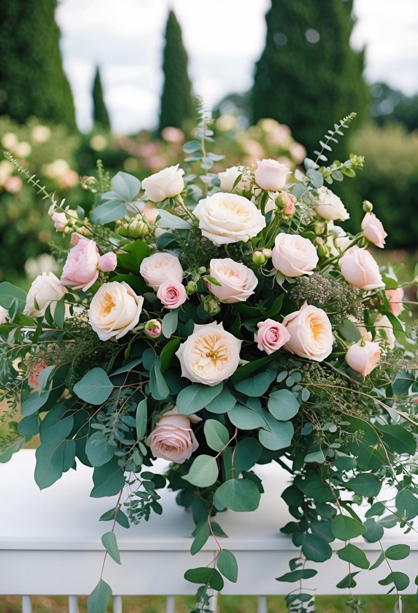 A lavish bouquet of garden roses and eucalyptus, overflowing with vibrant colors and delicate greenery