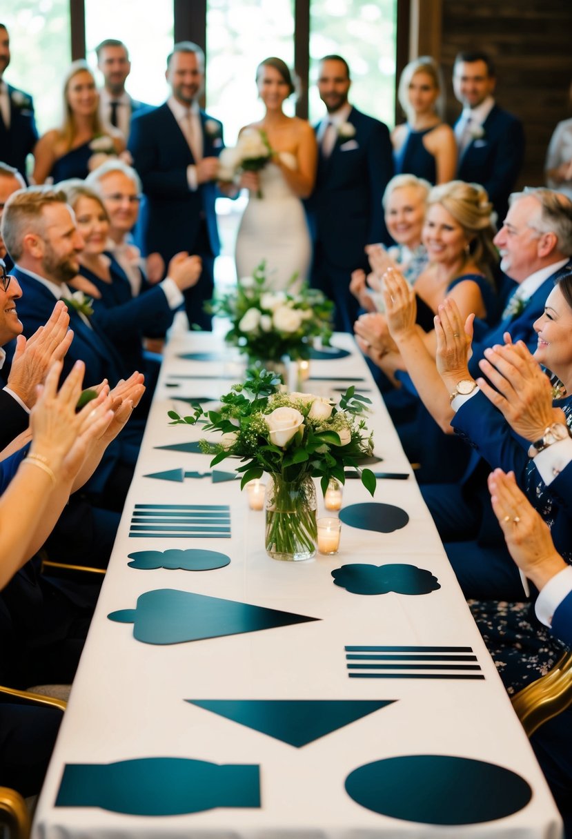 A table set with various hand-cut vinyl shapes and markers, surrounded by well-wishing guests at a wedding