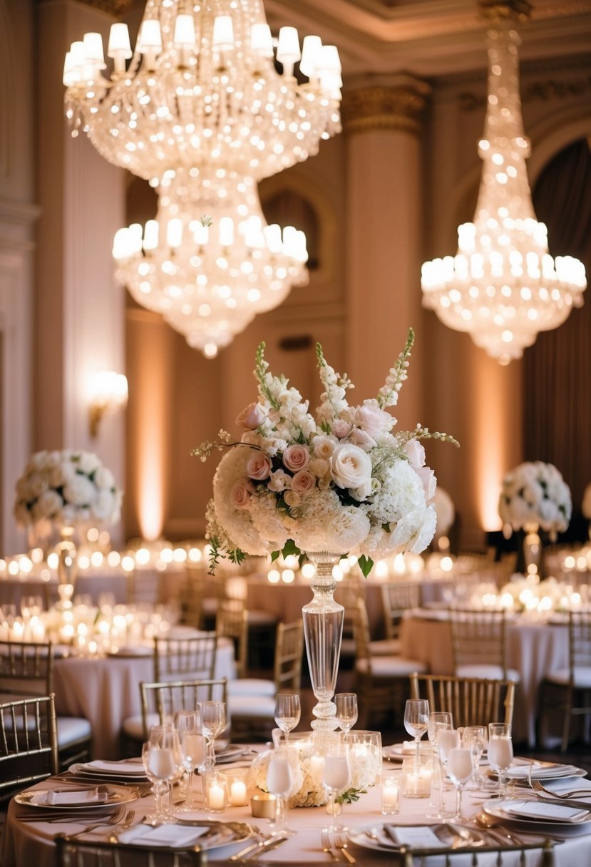 Soft, warm light cascades through a grand ballroom, illuminating ornate chandeliers, delicate floral arrangements, and glistening table settings. Subtle shadows play across the elegant decor, creating an atmosphere of refined romance