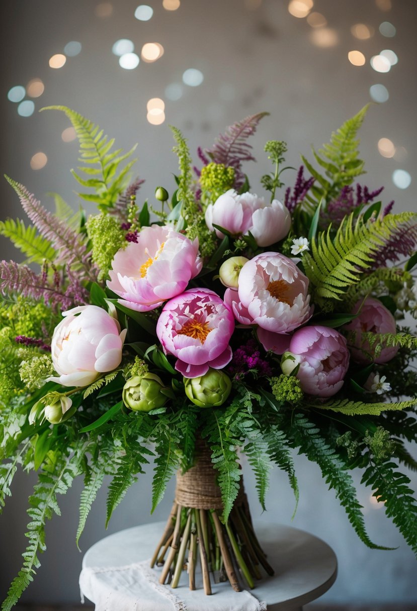 A lush, oversized bouquet of whimsical peonies and ferns, bursting with vibrant colors and delicate textures