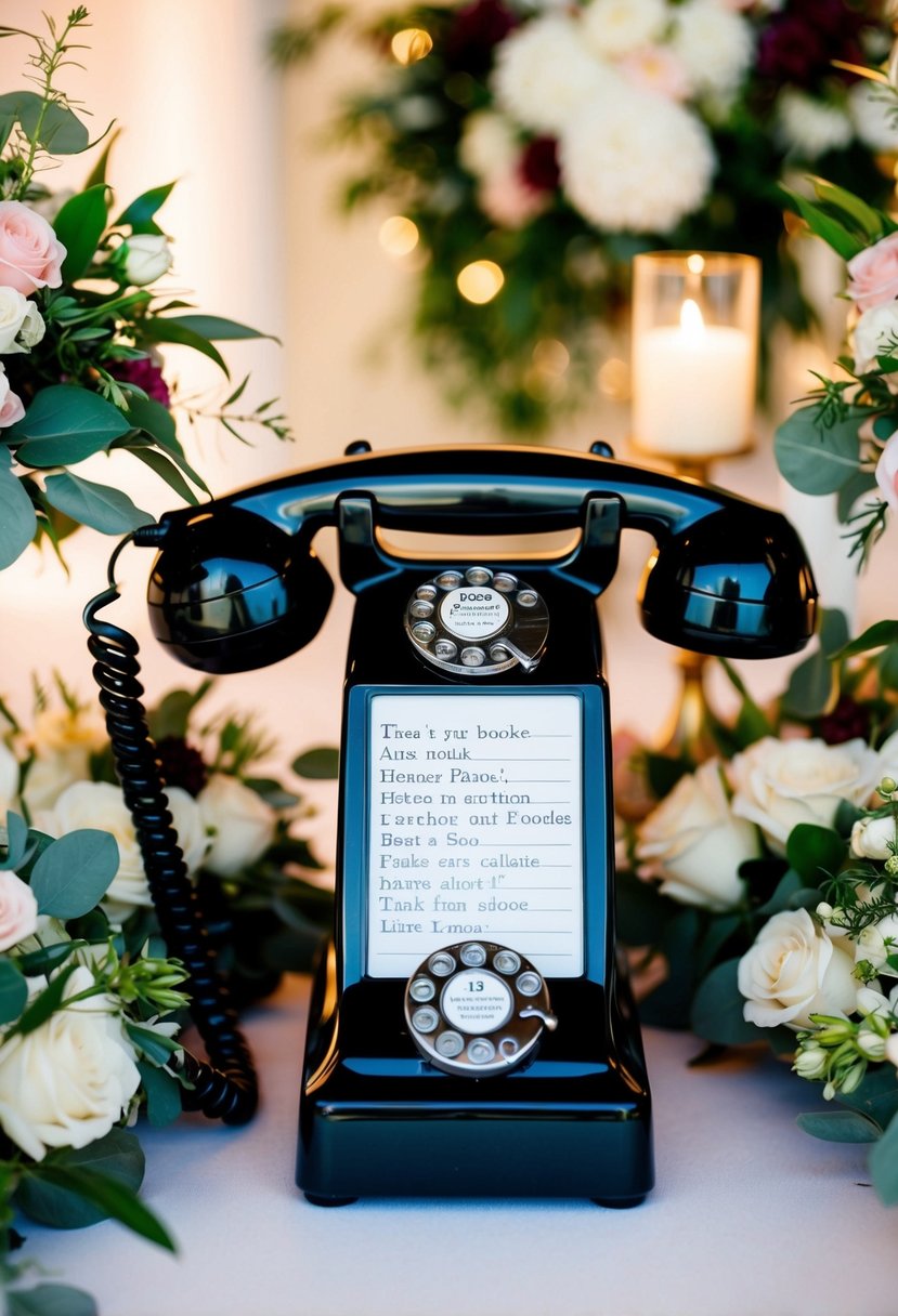 A vintage phone with guest messages displayed at a wedding reception, surrounded by floral arrangements and elegant decor