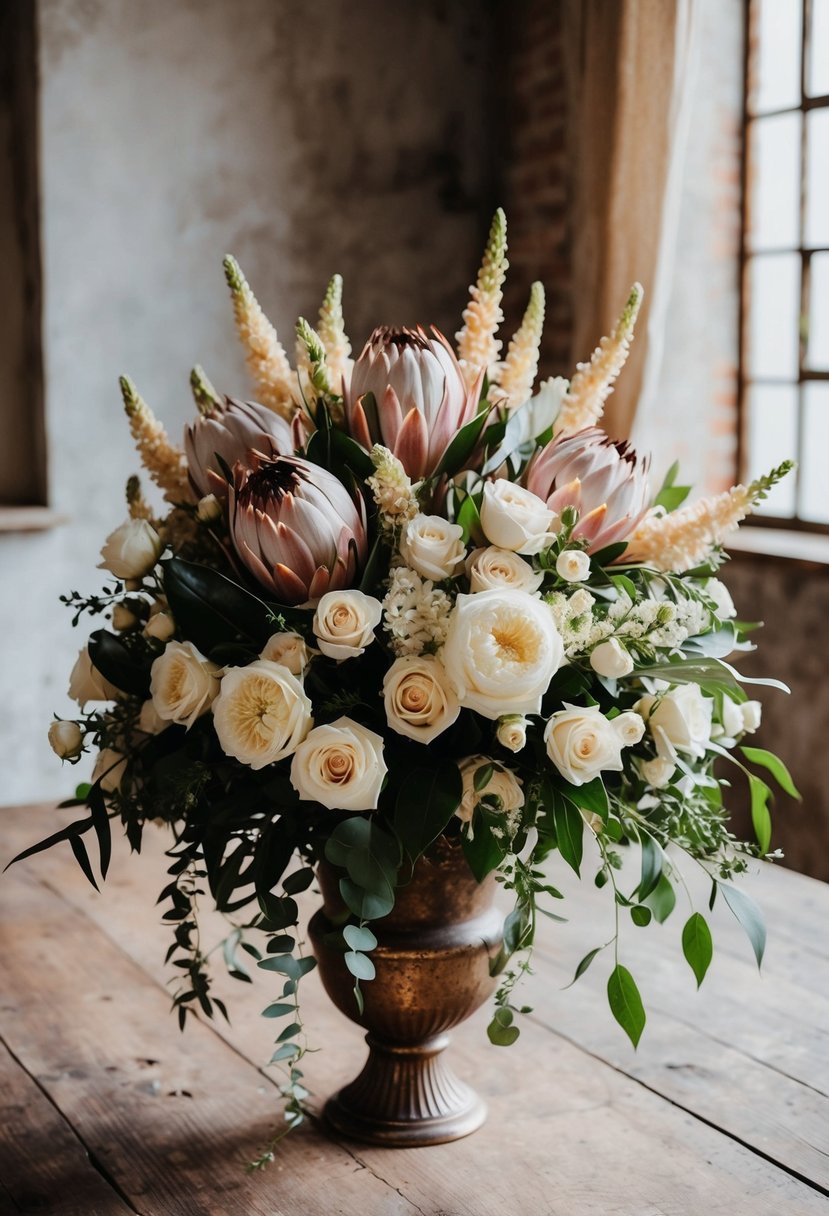 An abundant bouquet of bohemian proteas and ivory roses cascading from a vintage vase on a rustic wooden table