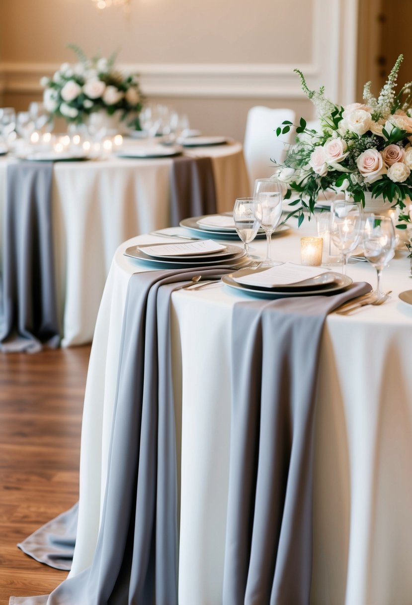 Soft gray and white linen draped over elegant wedding tables with delicate floral centerpieces