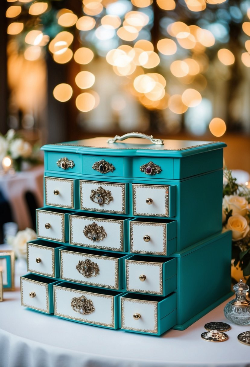 A beautifully decorated keepsake box with multiple drawers, filled with wedding mementos and trinkets