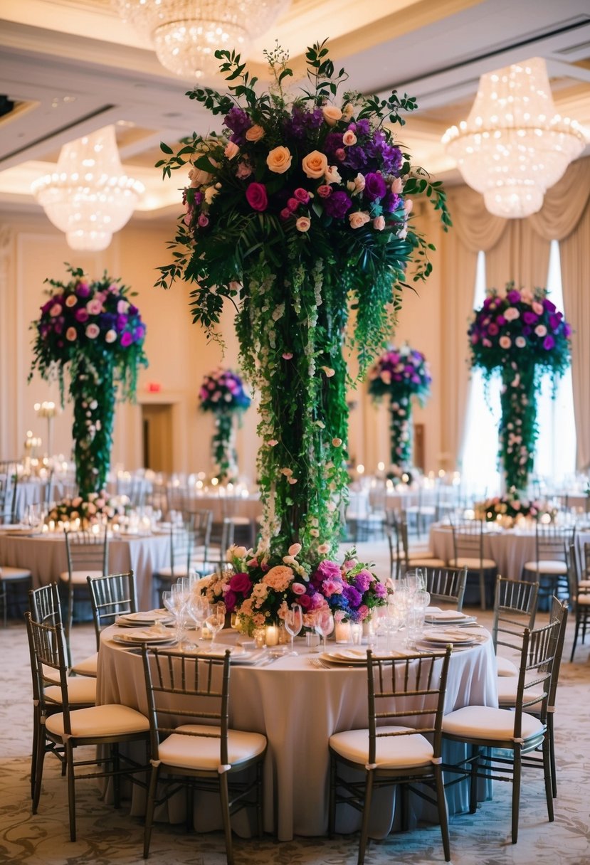 A grand ballroom filled with towering floral centerpieces in vibrant hues, accented with cascading greenery and delicate blooms