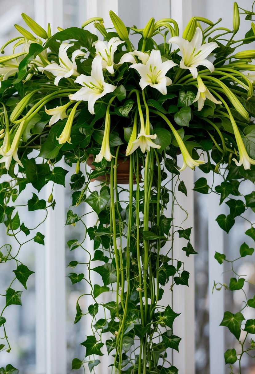 A lush, cascading bouquet of lilies and ivy, with long, flowing stems and delicate, unfurling petals