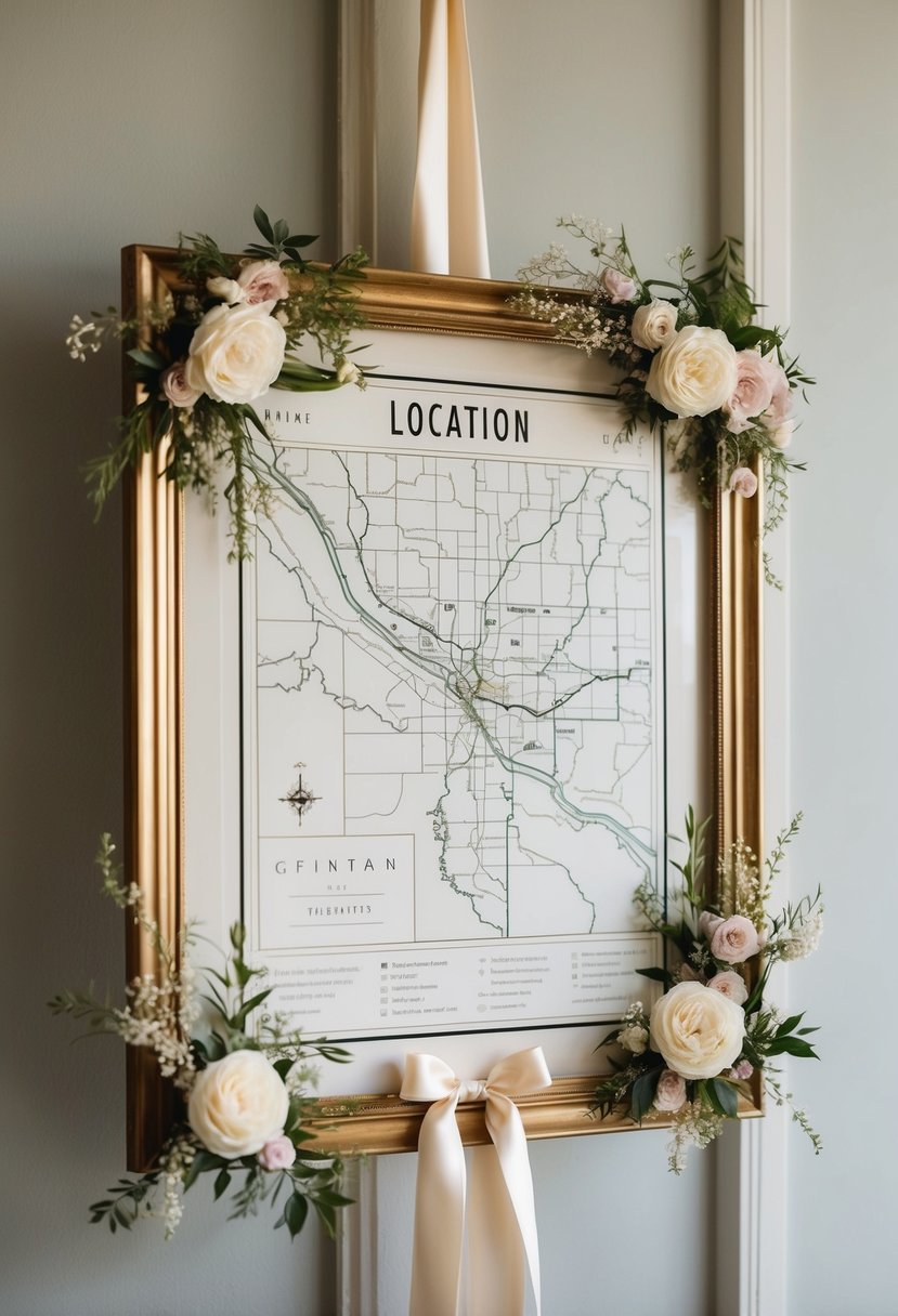 A vintage-inspired map of a wedding location framed with delicate floral accents and tied with a satin ribbon